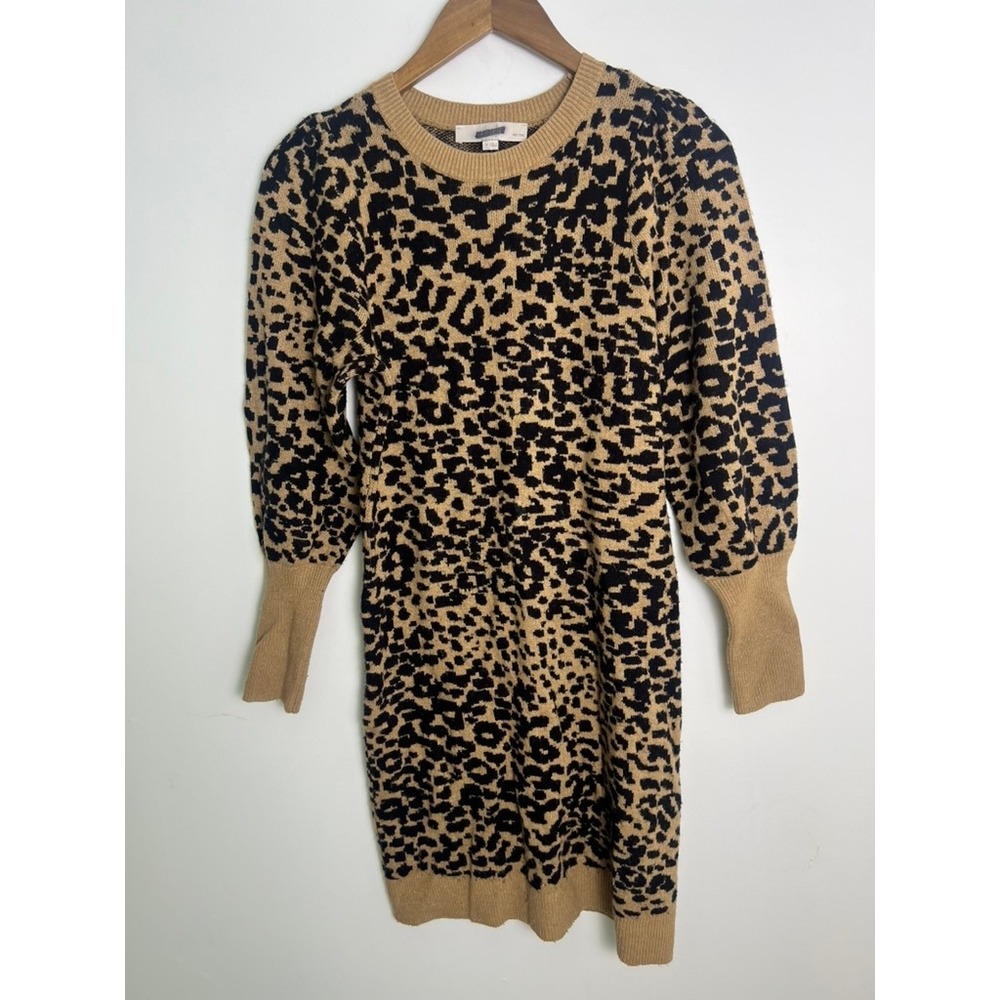 Loft Sm Petite Leopard Animal Print Sweater Dress Tan Black Wool Blend Chic Cozy
